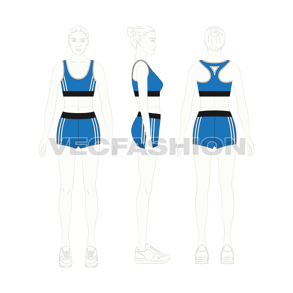 Womens lycra gym suit, belt detail flat sketch, on croqui