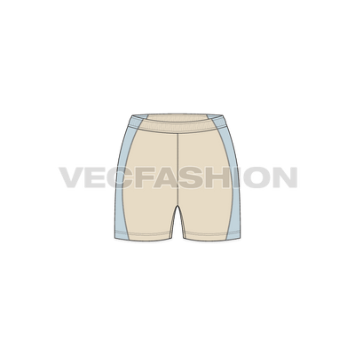 A vector fashion sketch template of Women's Lycra Shorts. It is a simple sketch with a very nice fitting great for general purposes can also be used for underwear. It has flat lock stitching on sides and have a sleek waistband. 