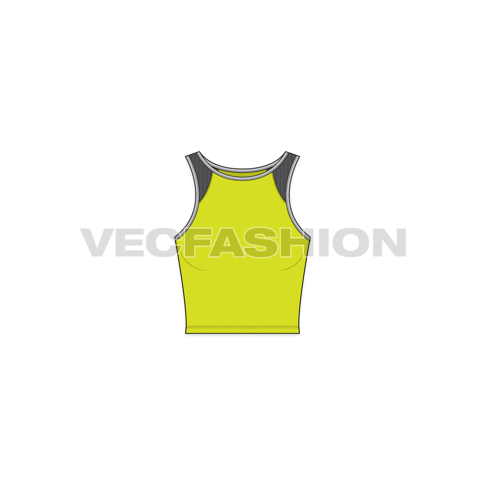 A highly in demand style for Women's Lycra Sport Top. It is rendered in three sporty colours and illustrated with all tech details. It has stretch binding on the edges and mesh inter piece near shoulders. 