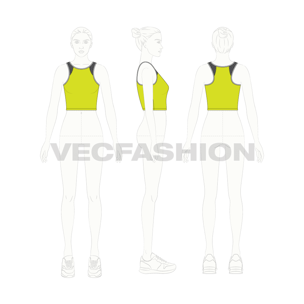 Womens lycra sport top flat sketch, croqui sketch