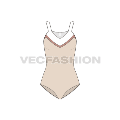 A vector template for Women's Lycra Swimsuit. It has contrast colors on the top part of the swimsuit. A v neck shape with a slight curve with wider shoulder straps.