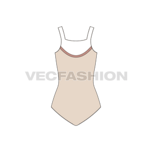 A vector template for Women's Lycra Swimsuit. It has contrast colors on the top part of the swimsuit. A v neck shape with a slight curve with wider shoulder straps.