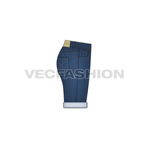 A medium washed vector template for Women's Denim Shorts. This template includes Metal Shank on waist band, Metal Rivets,  PU Label, Back Pocket PU Label, Belt Loops with Bar Tack Stitch and Double Needle Stitch on all over garment.