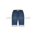 Womens medium washed denim shorts flat sketch, front view