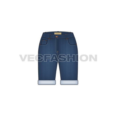 A medium washed vector template for Women's Denim Shorts. This template includes Metal Shank on waist band, Metal Rivets,  PU Label, Back Pocket PU Label, Belt Loops with Bar Tack Stitch and Double Needle Stitch on all over garment.