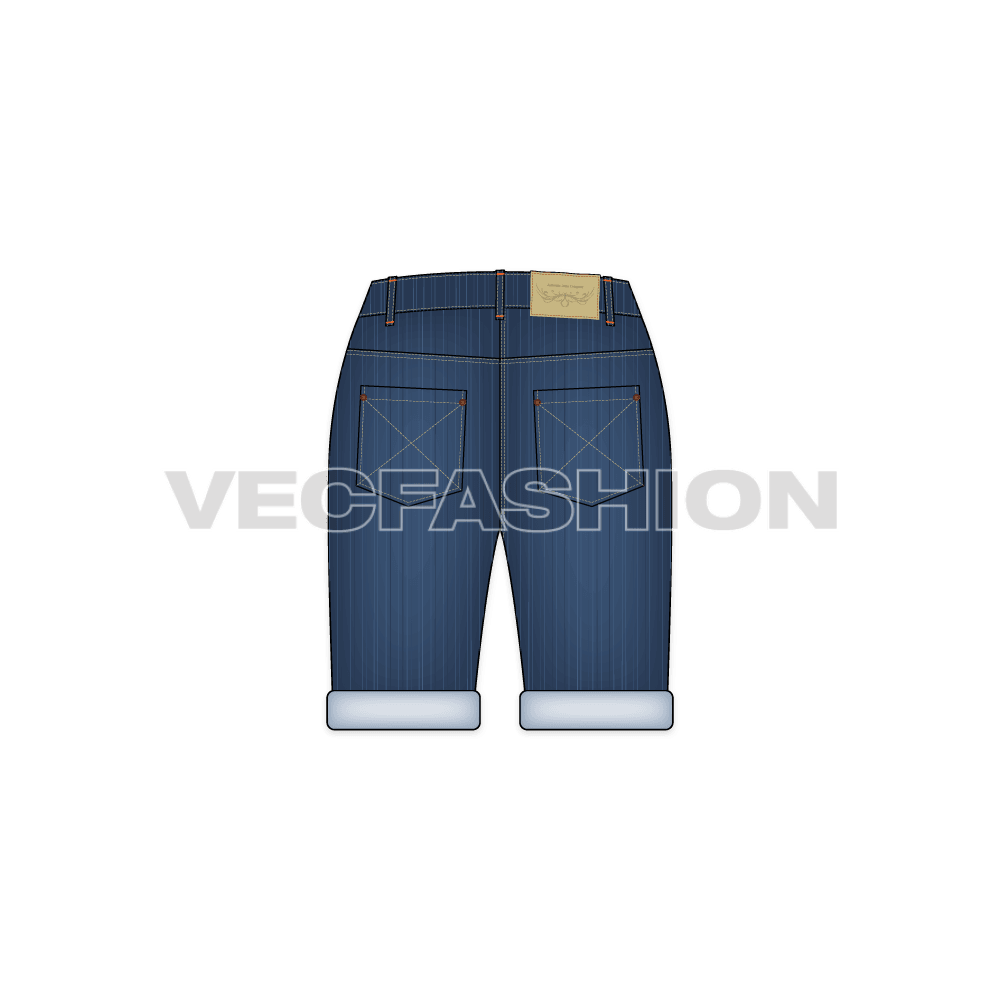 Womens medium washed denim shorts flat sketch, back view
