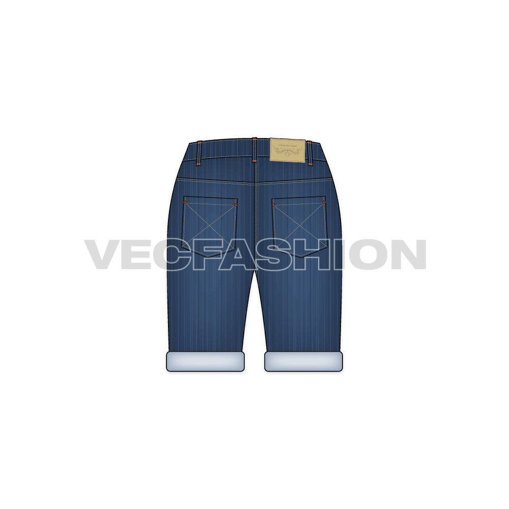 A medium washed vector template for Women's Denim Shorts. This template includes Metal Shank on waist band, Metal Rivets,  PU Label, Back Pocket PU Label, Belt Loops with Bar Tack Stitch and Double Needle Stitch on all over garment.
