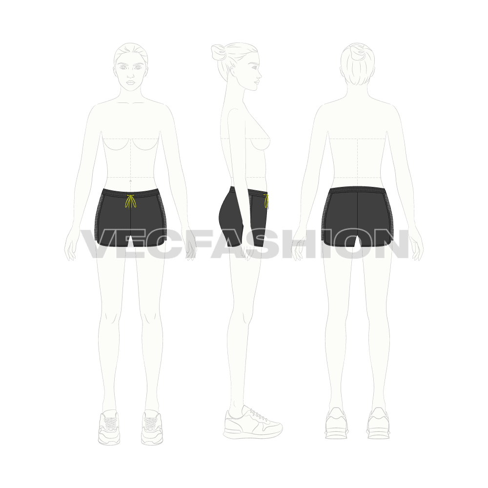Womens mesh sport shorts flat sketch, croqui sketch