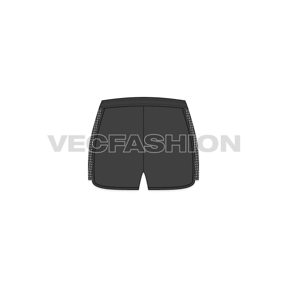 Womens mesh sport shorts flat sketch, back view