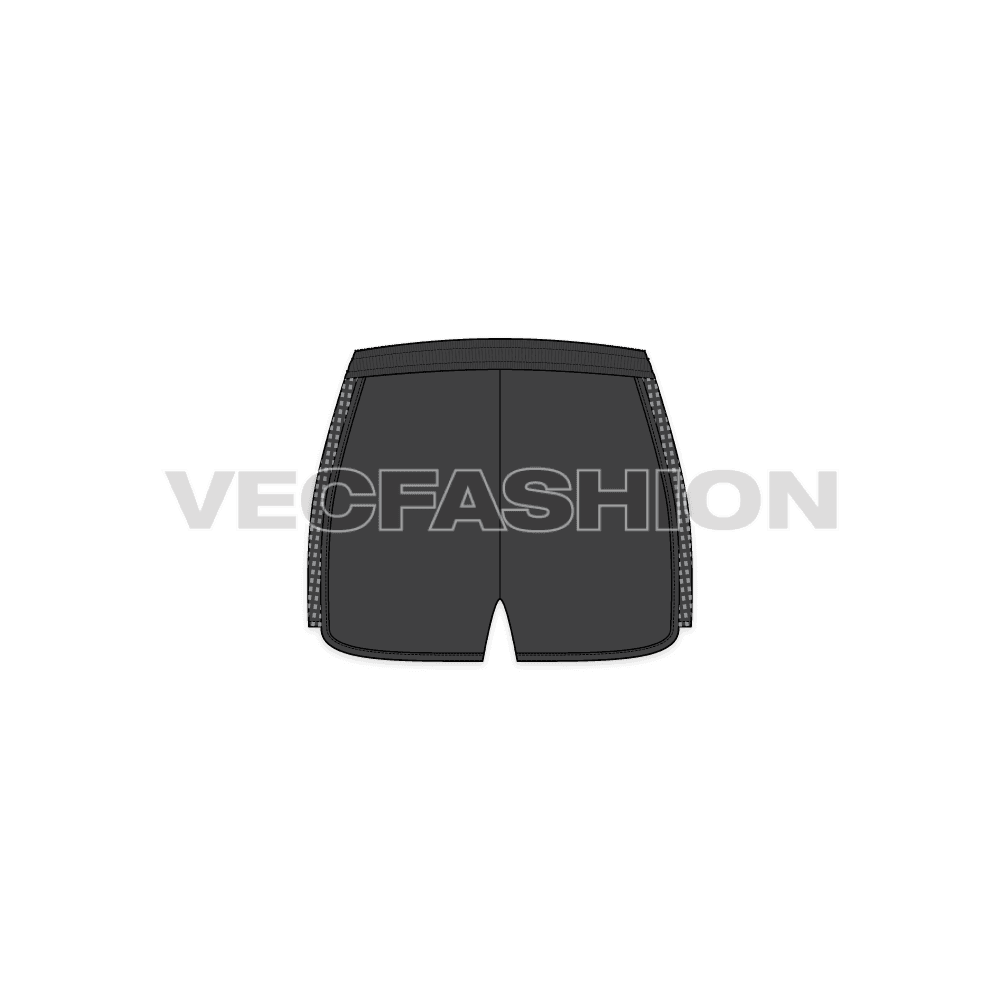 A vector fashion sketch template of Womens Mesh Sport Shorts. It comes with side view and have a mesh panel on side. The drawstrings are in contrast colored inside elasticated waistband.