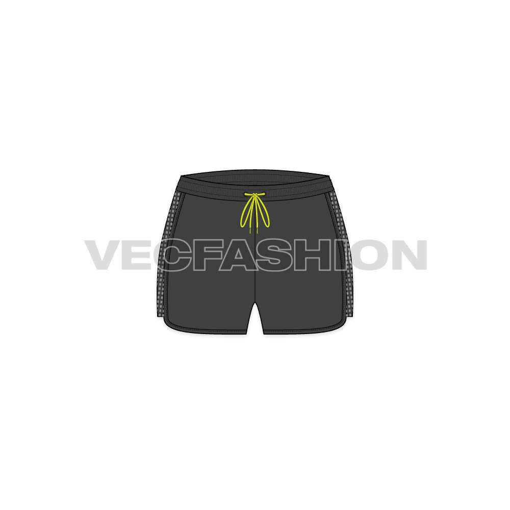 Womens mesh sport shorts flat sketch, front view