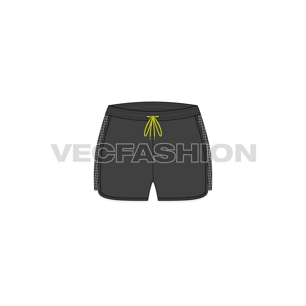 A vector fashion sketch template of Womens Mesh Sport Shorts. It comes with side view and have a mesh panel on side. The drawstrings are in contrast colored inside elasticated waistband.