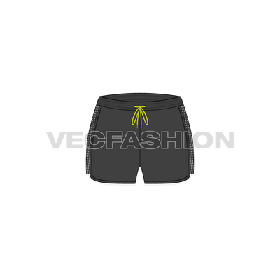 A vector fashion sketch template of Womens Mesh Sport Shorts. It comes with side view and have a mesh panel on side. The drawstrings are in contrast colored inside elasticated waistband.