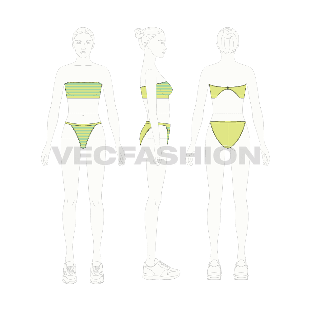 Womens miami beach bikini top flat sketch, croqui sketch