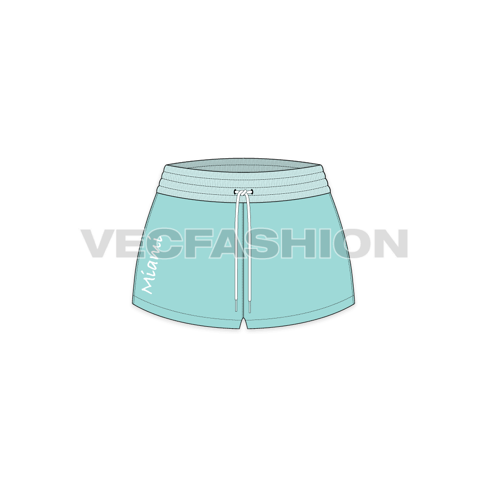 Womens miami beach shorts flat sketch, front view