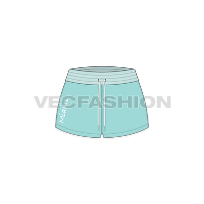 A vector illustrator template for Women's Beach Shorts inspired from the Miami Island Resort Lifestyle. It has detailed wider elastic waistband with contrast colored drawstrings. 