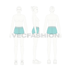 Womens miami beach shorts flat sketch, croqui sketch