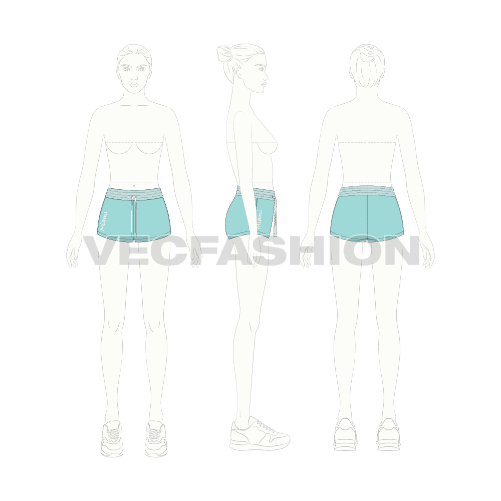 Womens miami beach shorts flat sketch, croqui sketch
