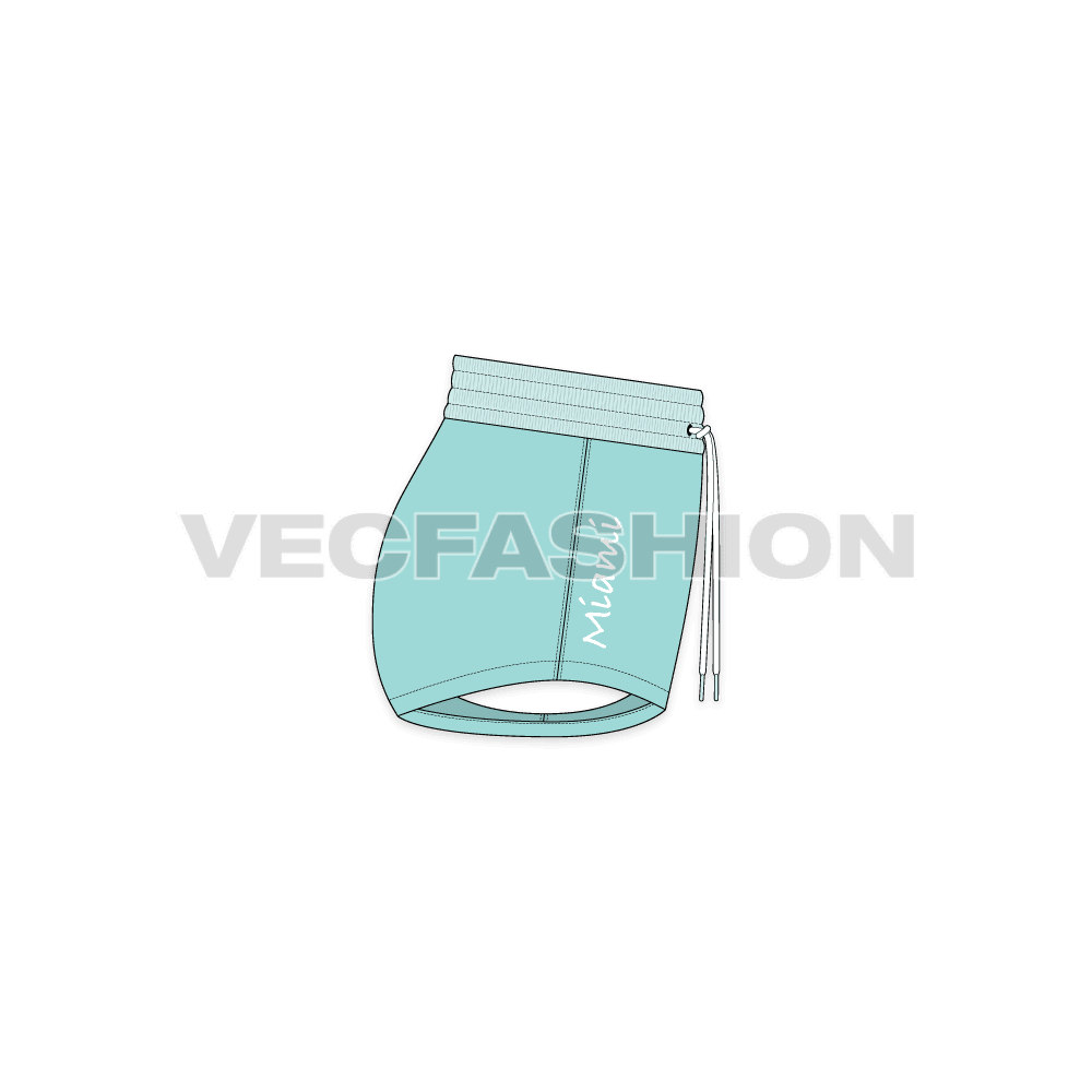 Womens miami beach shorts flat sketch, side view