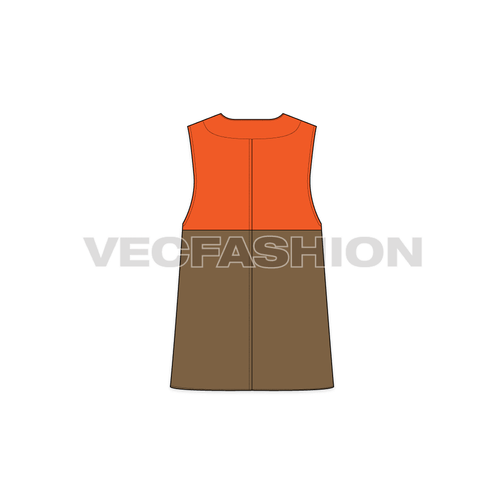 A vector template for Women's Military Vest. It has a contrast orange colored top side with dark khaki color lower part with big pouch pockets on sides. 