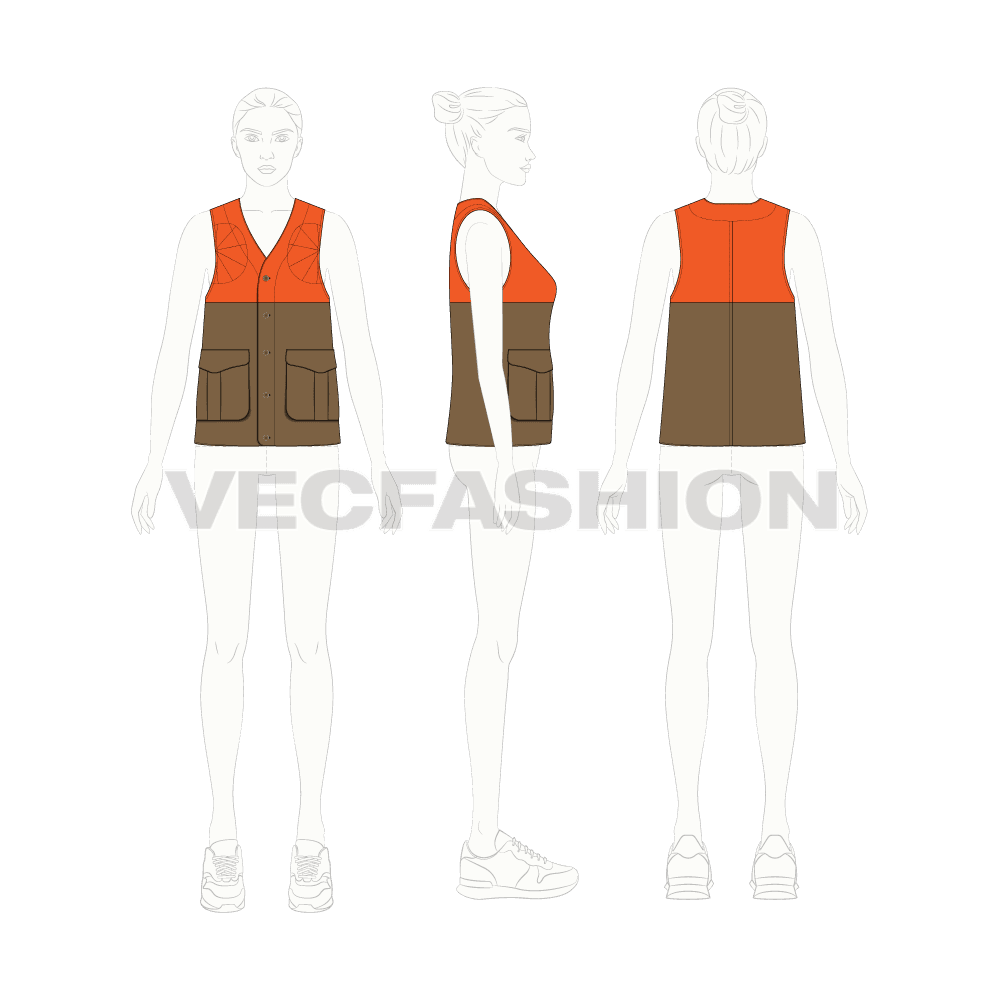 Womens military vest flat sketch, croqui sketch