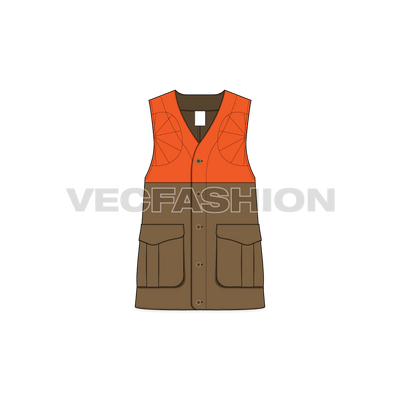 A vector template for Women's Military Vest. It has a contrast orange colored top side with dark khaki color lower part with big pouch pockets on sides. 