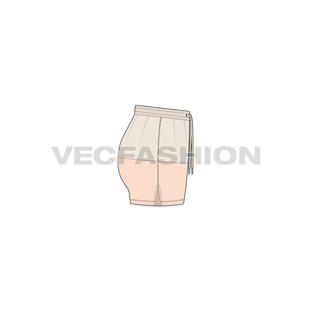 A vector template for Womens Mini Swim Shorts. It is created in Adobe Illustrator with elasticated waistband. It has long drawstrings and side vents.
