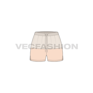A vector template for Womens Mini Swim Shorts. It is created in Adobe Illustrator with elasticated waistband. It has long drawstrings and side vents.
