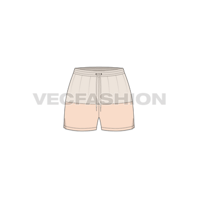 A vector template for Womens Mini Swim Shorts. It is created in Adobe Illustrator with elasticated waistband. It has long drawstrings and side vents.