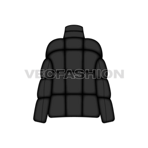 A vector template for Women's Mock Neck Bubble Jacket. It has longer standing mock neck to cover the neck and have thick insulation in each panel. 