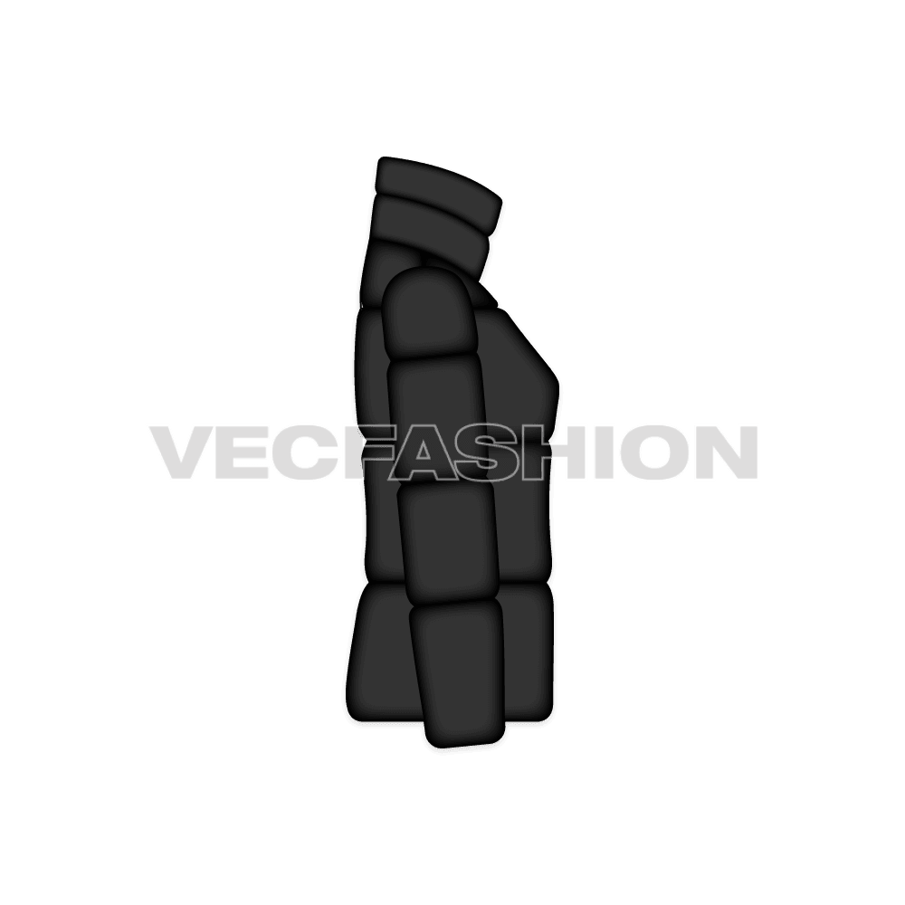 A vector template for Women's Mock Neck Bubble Jacket. It has longer standing mock neck to cover the neck and have thick insulation in each panel. 