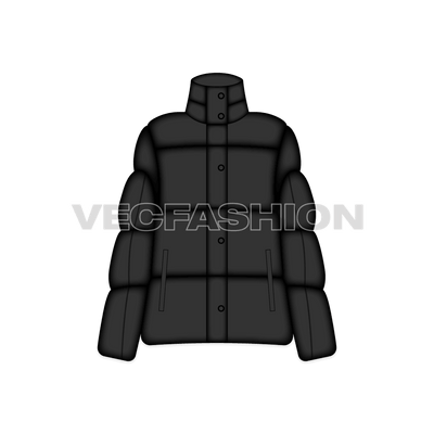 A vector template for Women's Mock Neck Bubble Jacket. It has longer standing mock neck to cover the neck and have thick insulation in each panel. 