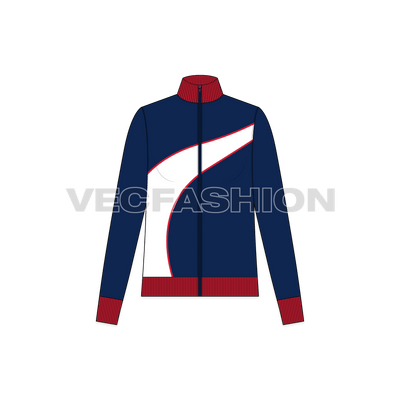 A vector illustrator template of Women's Mock Neck Jacket. It has a wave like panel on front with printing on it. The collar is in contrast red color with thick rib. 