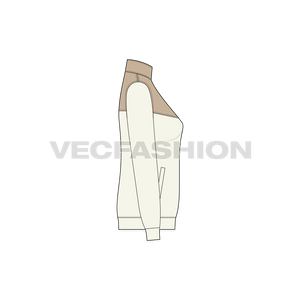 A vector illustrator template of Womens Mock Neck Jacket. It is a very sleek look with slim fit body and collar and front zipper is in contrast colors. 