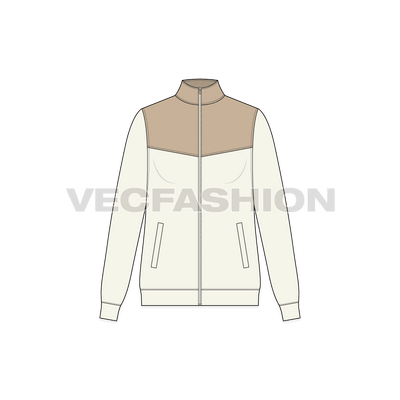 A vector illustrator template of Womens Mock Neck Jacket. It is a very sleek look with slim fit body and collar and front zipper is in contrast colors. 