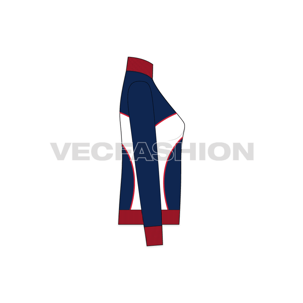 A vector illustrator template of Women's Mock Neck Jacket. It has a wave like panel on front with printing on it. The collar is in contrast red color with thick rib. 