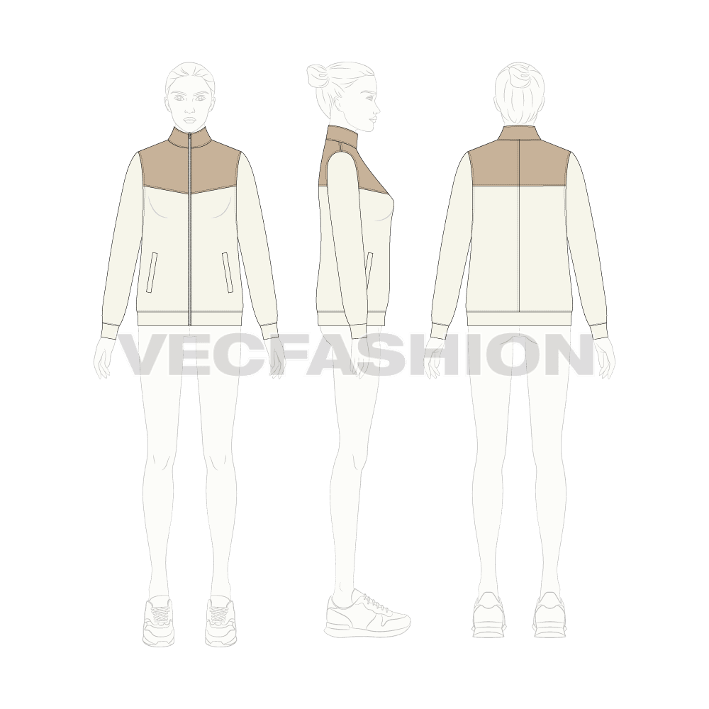 Womens Mock Neck Jacket flat sketch, croqui sketch