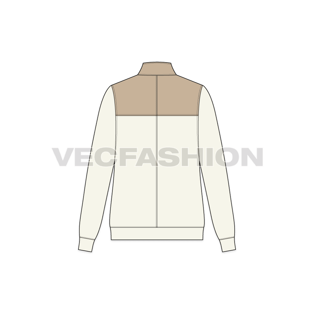 A vector illustrator template of Womens Mock Neck Jacket. It is a very sleek look with slim fit body and collar and front zipper is in contrast colors. 