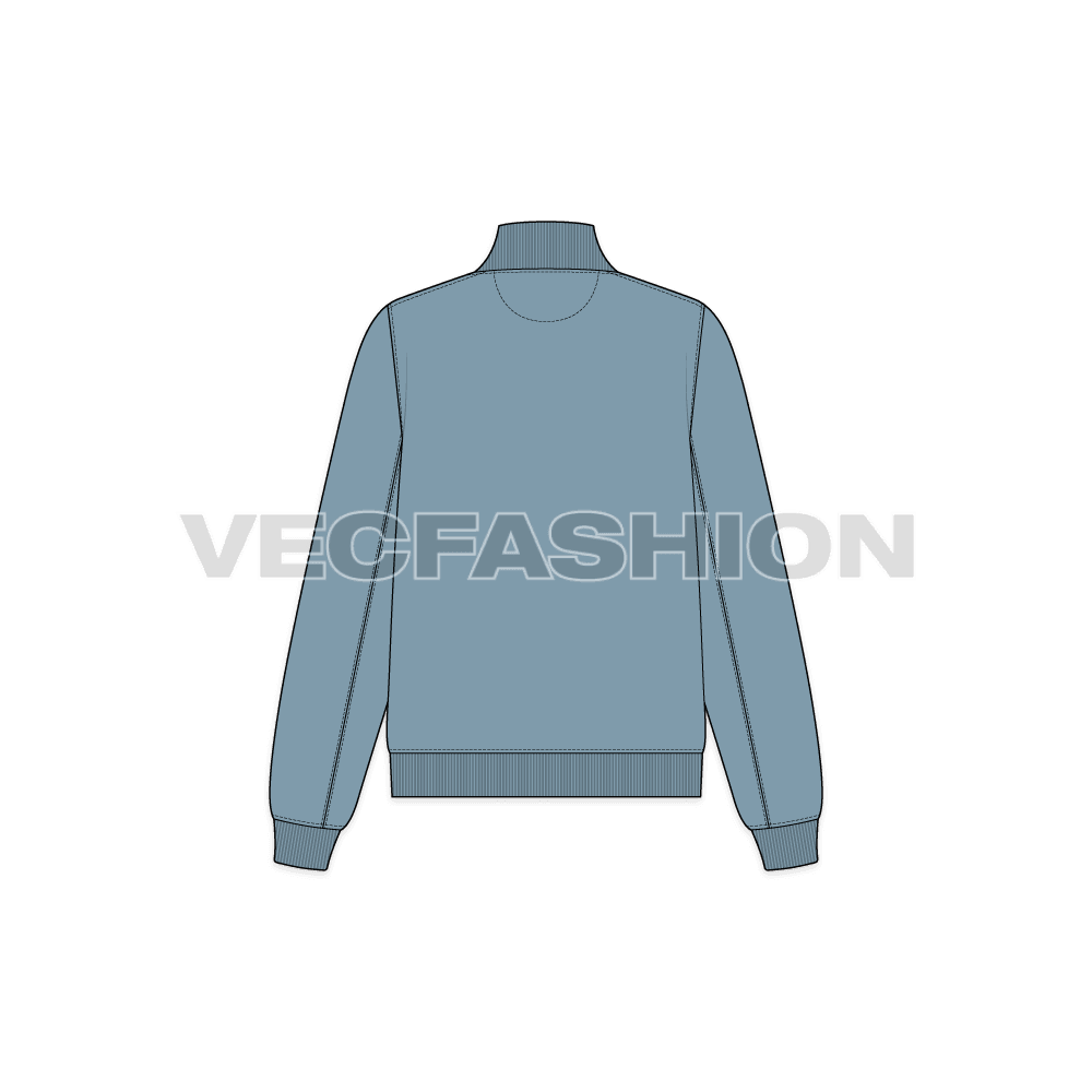 Womens mock neck sweatshirt, front open flat sketch, back view