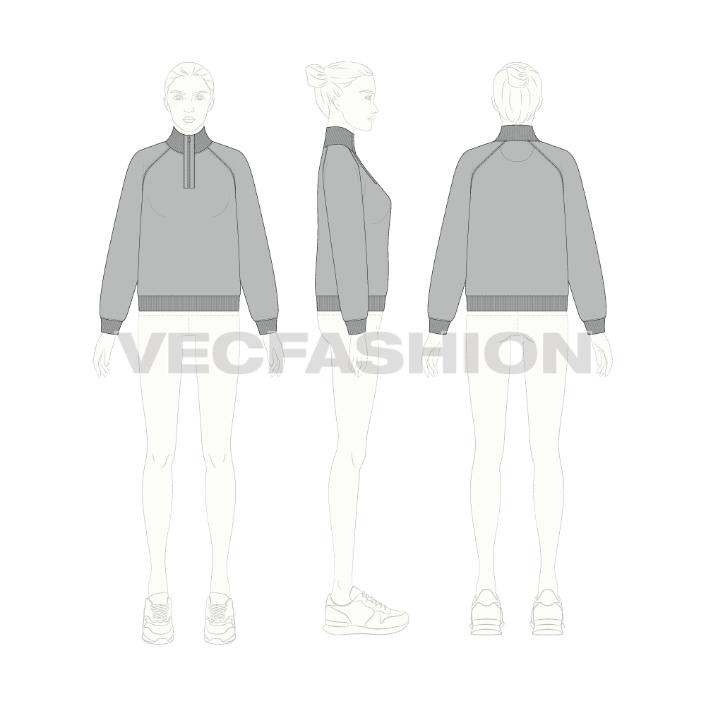 Womens mock neck sweatshirt flat sketch, croqui sketch