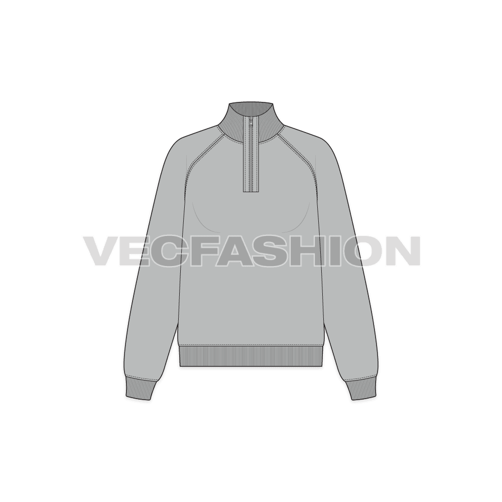 A vector illustrator sketch template of Women's Mock Neck Sweatshirt. It is illustrated with Front, Side and Back view. It has rib on neck, sleeve cuffs and bottom hem.