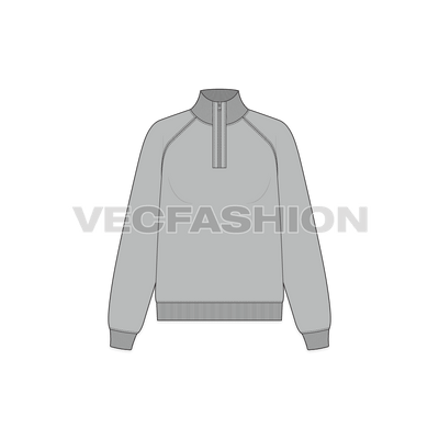 A vector illustrator sketch template of Women's Mock Neck Sweatshirt. It is illustrated with Front, Side and Back view. It has rib on neck, sleeve cuffs and bottom hem.