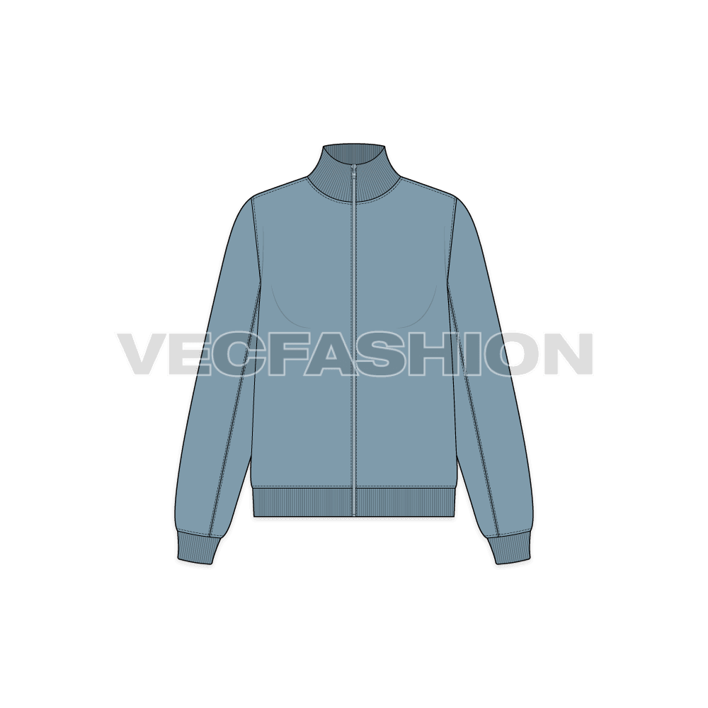 Womens mock neck sweatshirt, front open flat sketch, front view