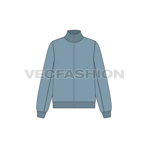 A vector illustrator sketch template of Women's Mock Neck Sweatshirt. It is illustrated with Front, Side and Back view. It is a front open sweatshirt with panels on sleeves and have rib on collar, sleeve cuffs and bottom hem.