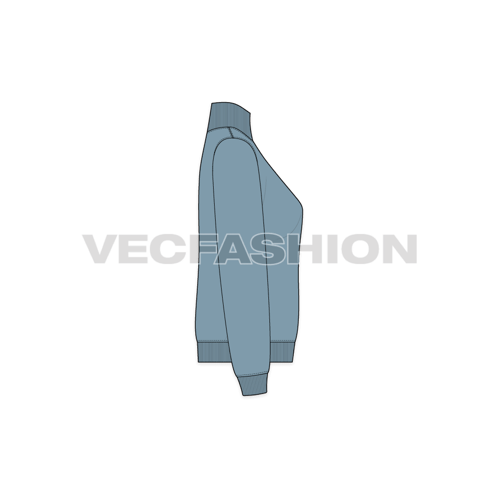 Womens mock neck sweatshirt, front open flat sketch, side view
