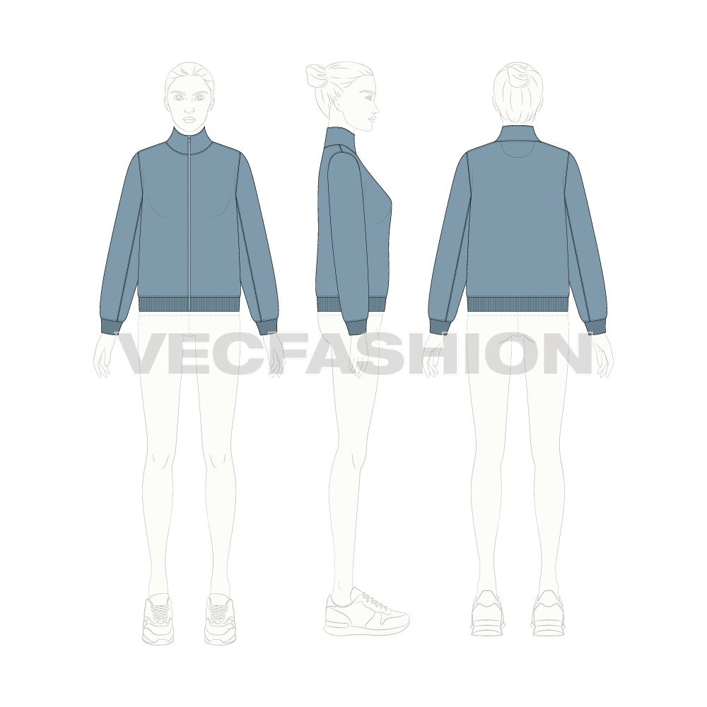 Womens mock neck sweatshirt, front open flat sketch, croqui sketch