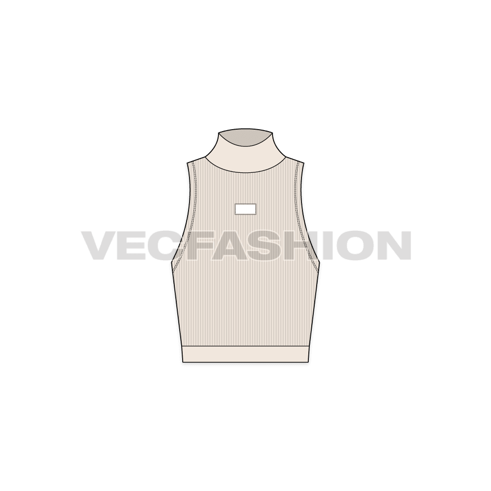 A vector template of Women's Mock Neck Tank. It has a wide collar neck with ribbed fabric body with woven label attached. The neck and bottom hem is made out of self fabric giving a very sleek and different fashion styling. 