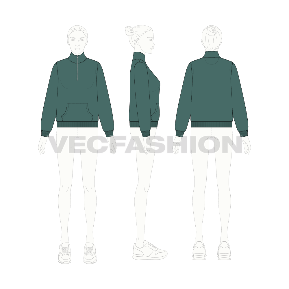 Womens mock neck training jacket flat sketch, croqui sketch