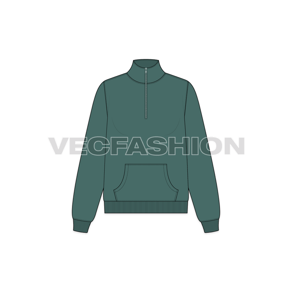 Womens mock neck training jacket flat sketch, front view