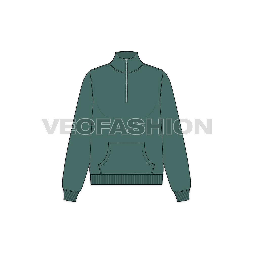 A vector illustrator sketch template of Women's Mock Neck Training Jacket. It is illustrated with Front, Side and Back view. It is a front open hoodie and have ribbed cuffs on sleeves and bottom hem